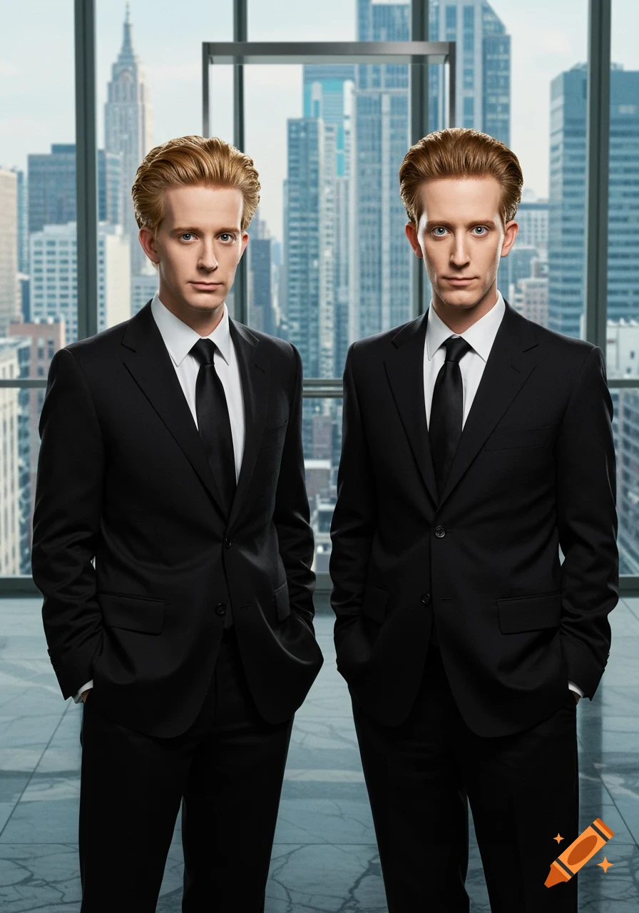 Two men in black suits stand formally in front of a city skyline from a high-rise office window.