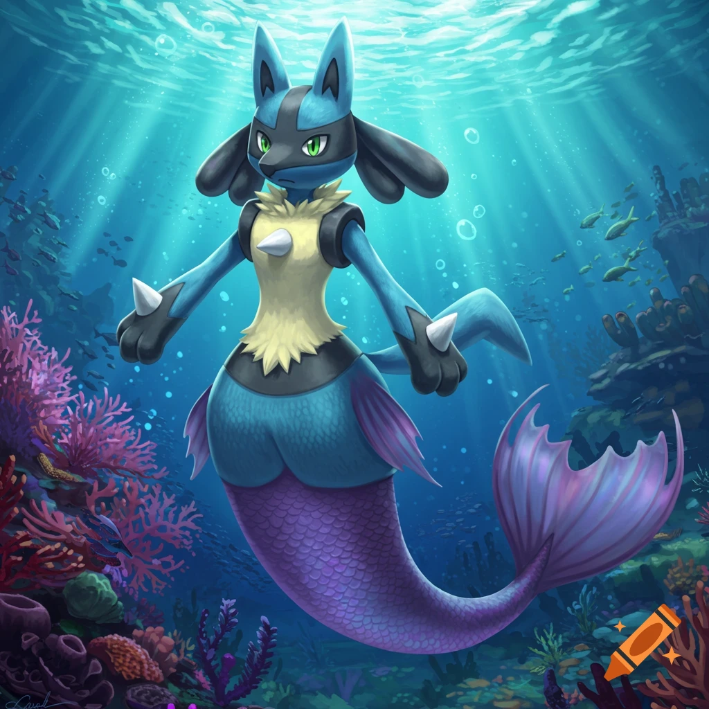 A digital art image of Lucario from Pokemon as a merman, with a blue upper body and purple tail, swimming in a vibrant coral reef.