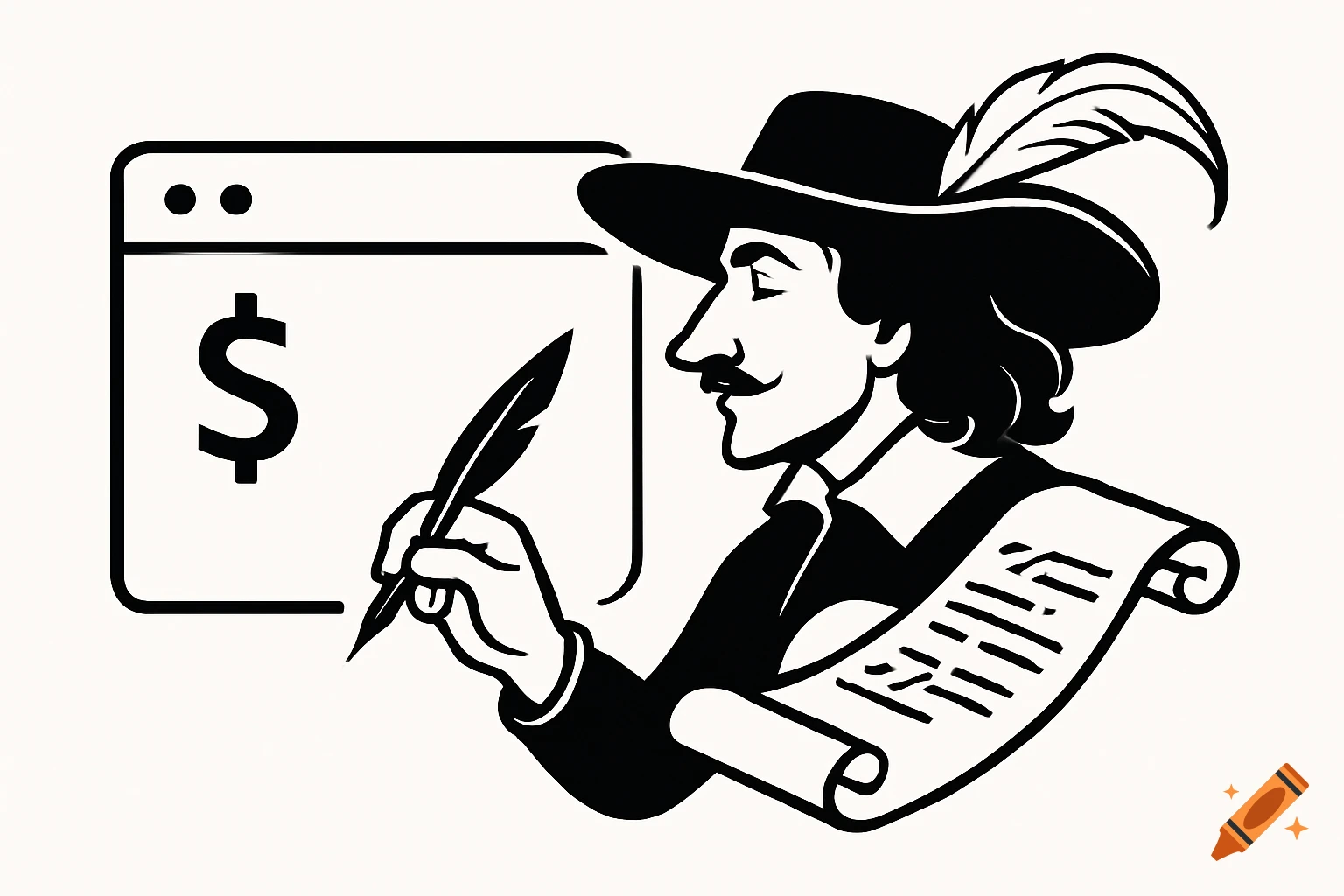 Stylized illustration of Cyrano de Bergerac writing with a quill next to a terminal window with a dollar sign symbol.