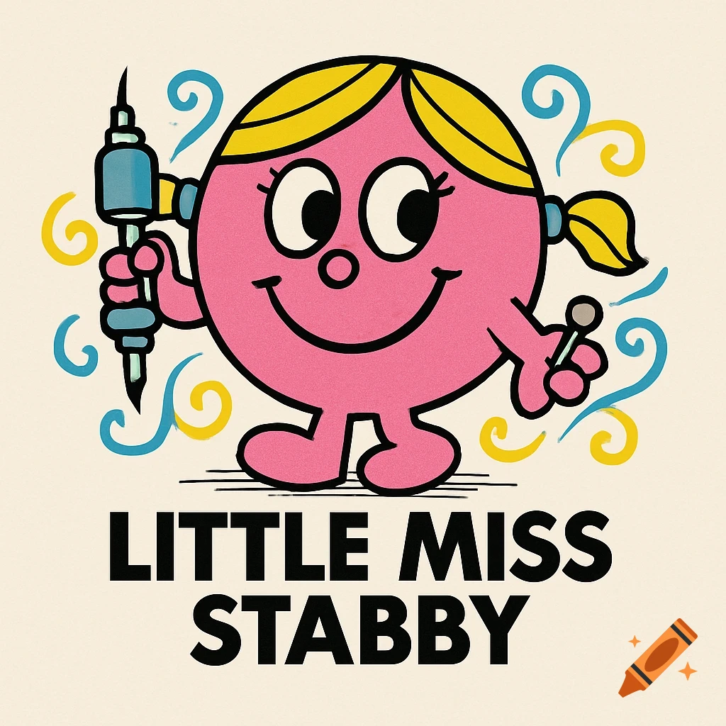 A pink cartoon character with blonde pigtails in the style of Little Miss, holding a tattoo gun. Text below reads 'LITTLE MISS STABBY'.