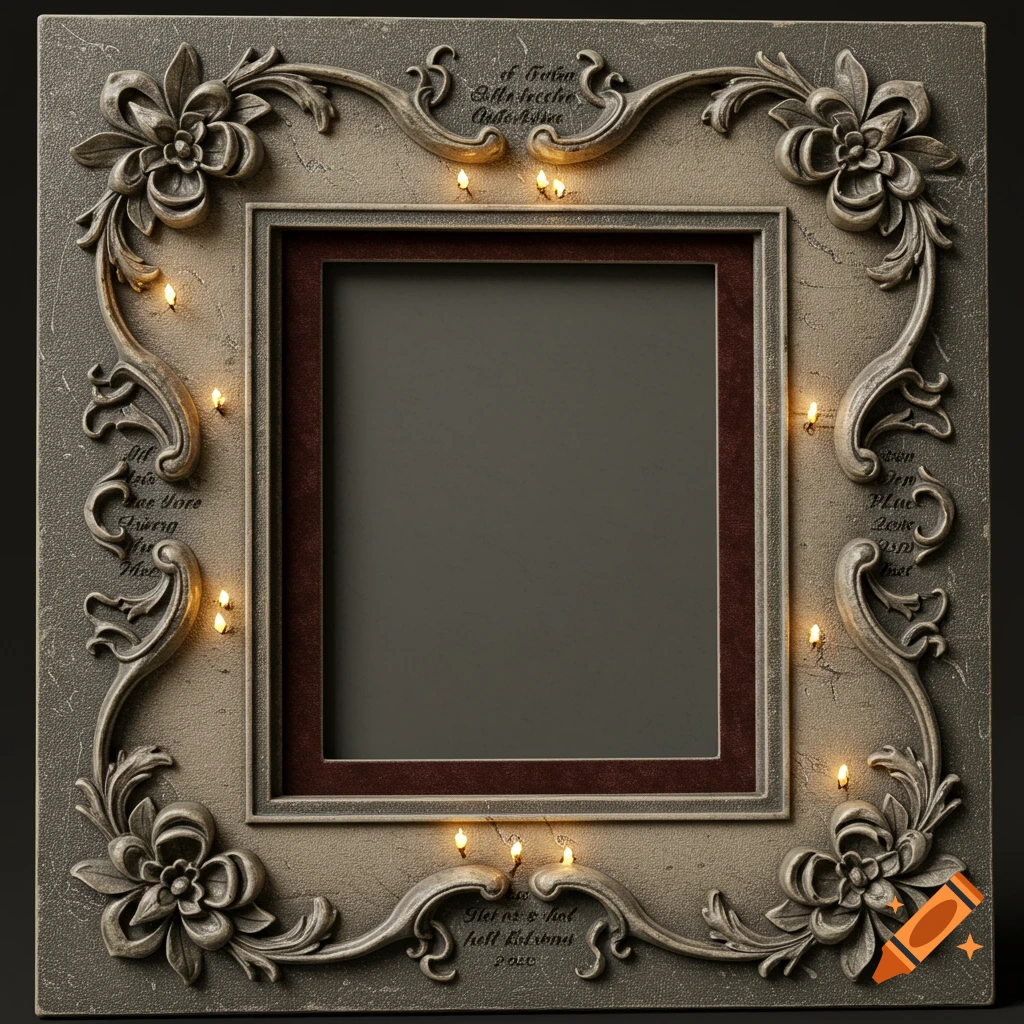 An ornate, aged picture frame with decorative floral and scroll carvings, illuminated by small, glowing lights embedded in the design. The center of the frame is an empty dark rectangle.
