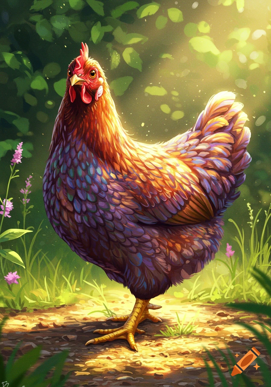 A vibrant, detailed illustration of a chicken standing on a path in a sunlit, leafy environment. Its feathers show warm oranges, browns, and iridescent purples/blues.