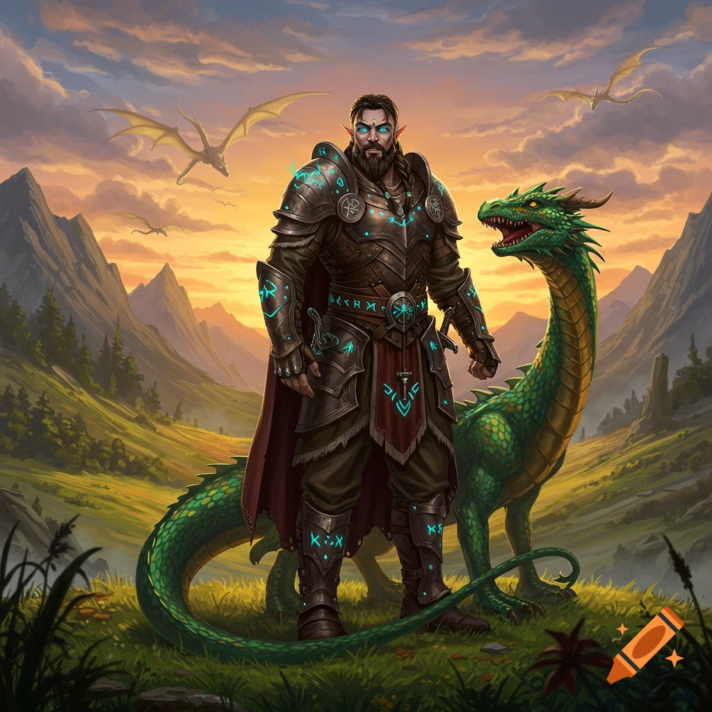 A bearded fantasy warrior in ornate armor with glowing blue runes stands beside a green dragon in a mountainous valley at sunset, with smaller dragons flying in the distance.