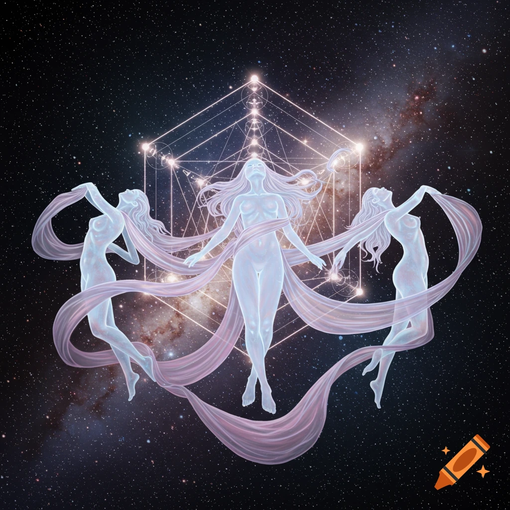 Three ethereal translucent women with flowing scarves float in space with a glowing Metatron's Cube.