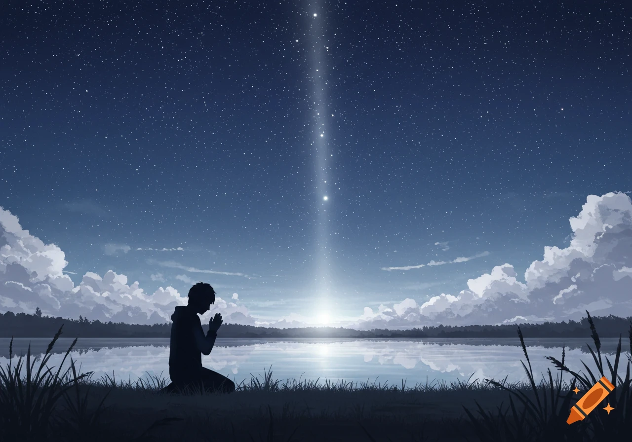 Anime style illustration of a person kneeling by a serene lake under a starry night sky with a beam of light.