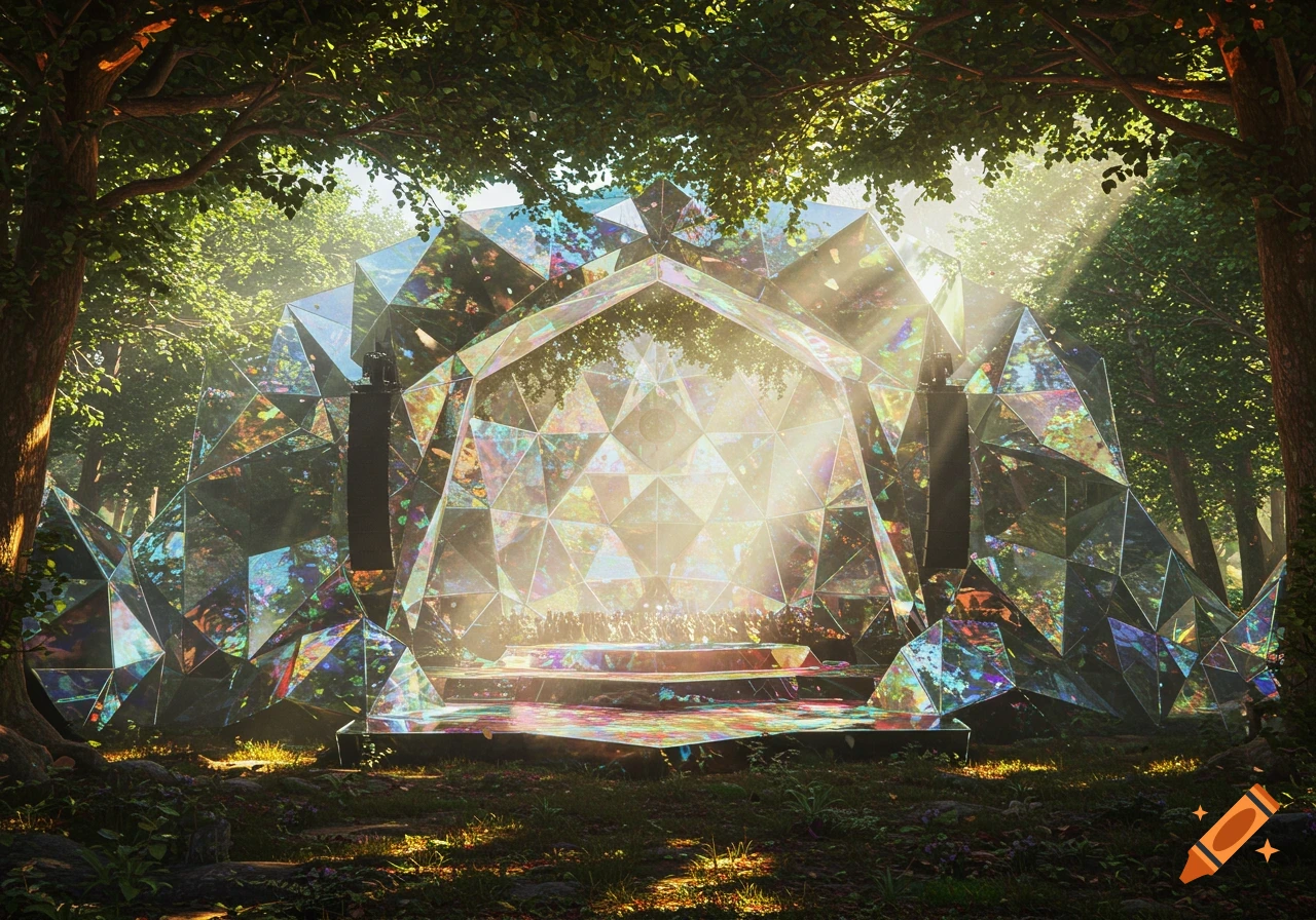 A dazzling, faceted mirror stage nestled within a lush, sunlit forest, reflecting the surrounding trees and glowing with light.