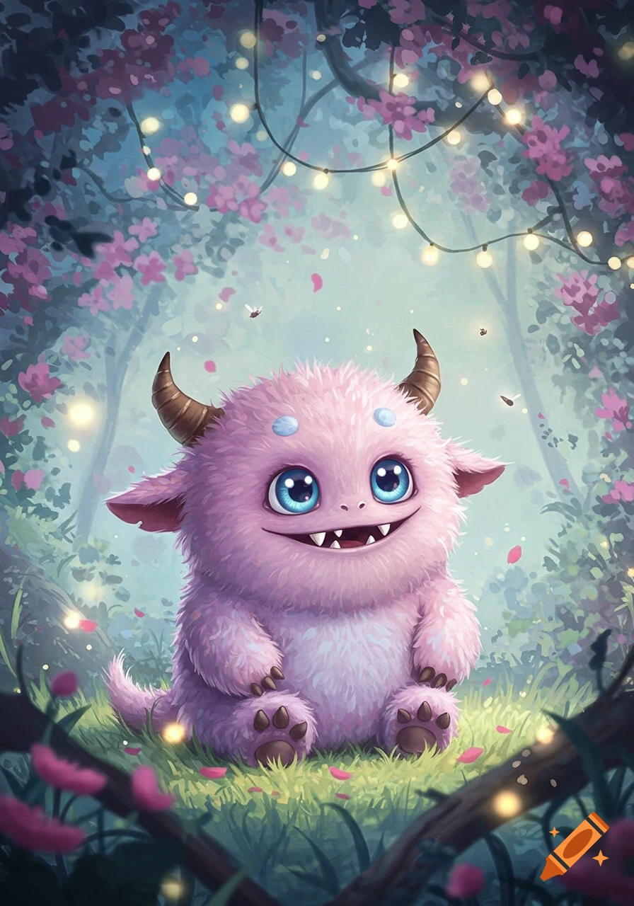 A fluffy pink monster with blue eyes and small horns sits in a magical forest with glowing lights and pink flowers.
