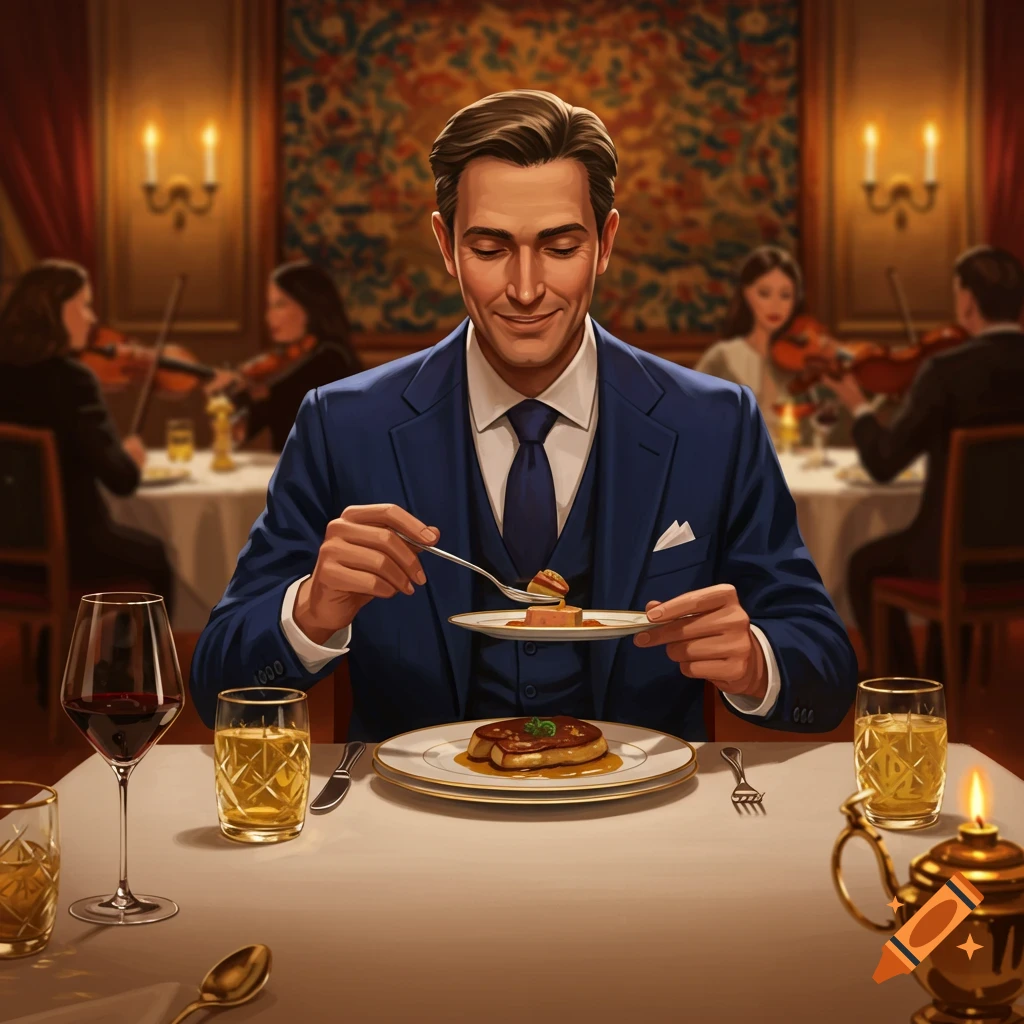 A smiling man in a blue suit dines at a fancy restaurant, with musicians playing in the background.