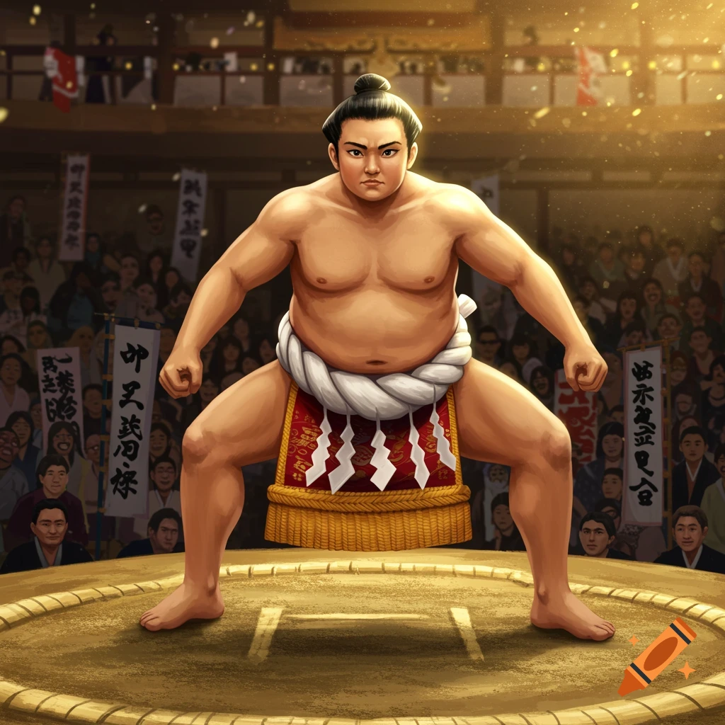 A stylized illustration of a sumo wrestler in a mawashi, posing in a ring before a crowd.
