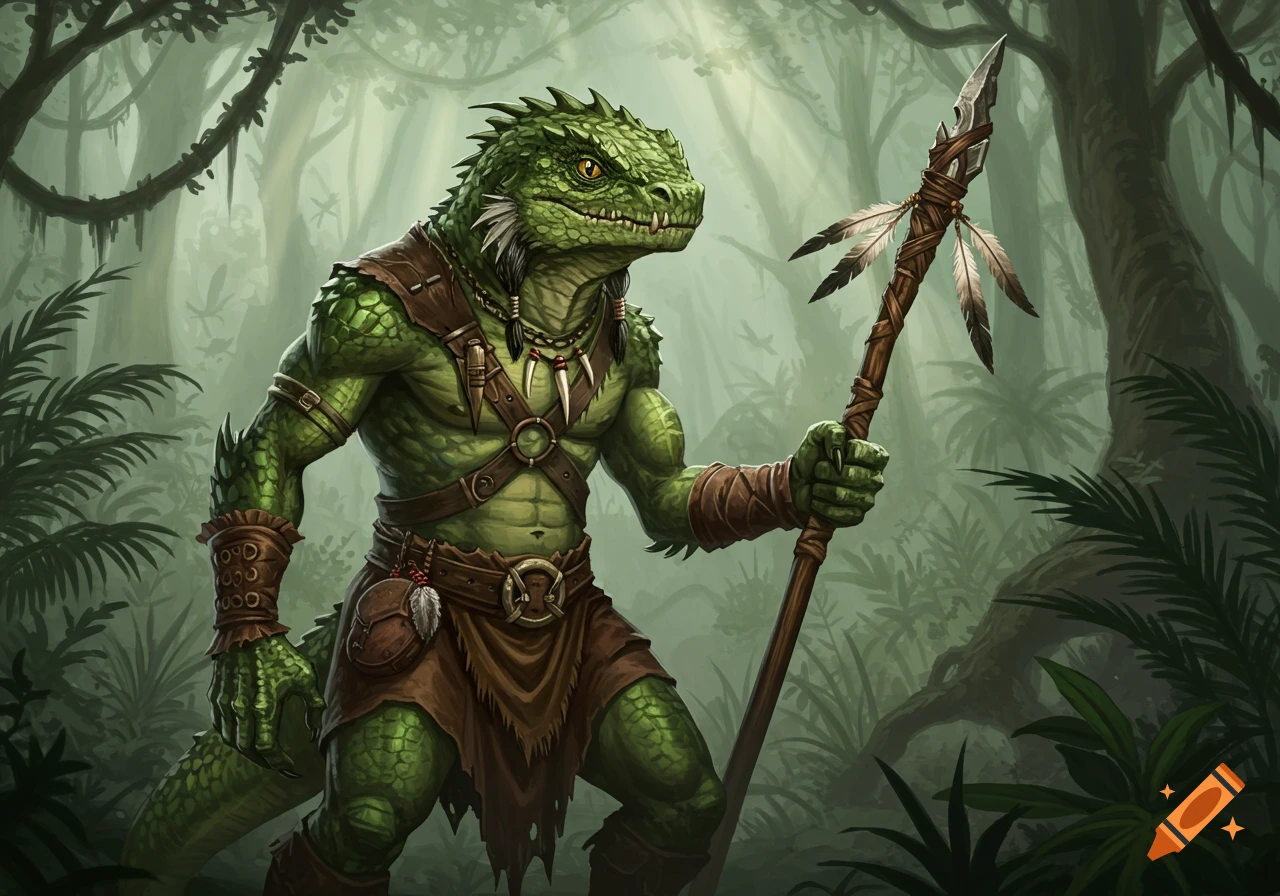 A green lizardfolk warrior with scaly skin, wearing leather armor and a necklace, stands in a lush jungle, holding a feathered spear.