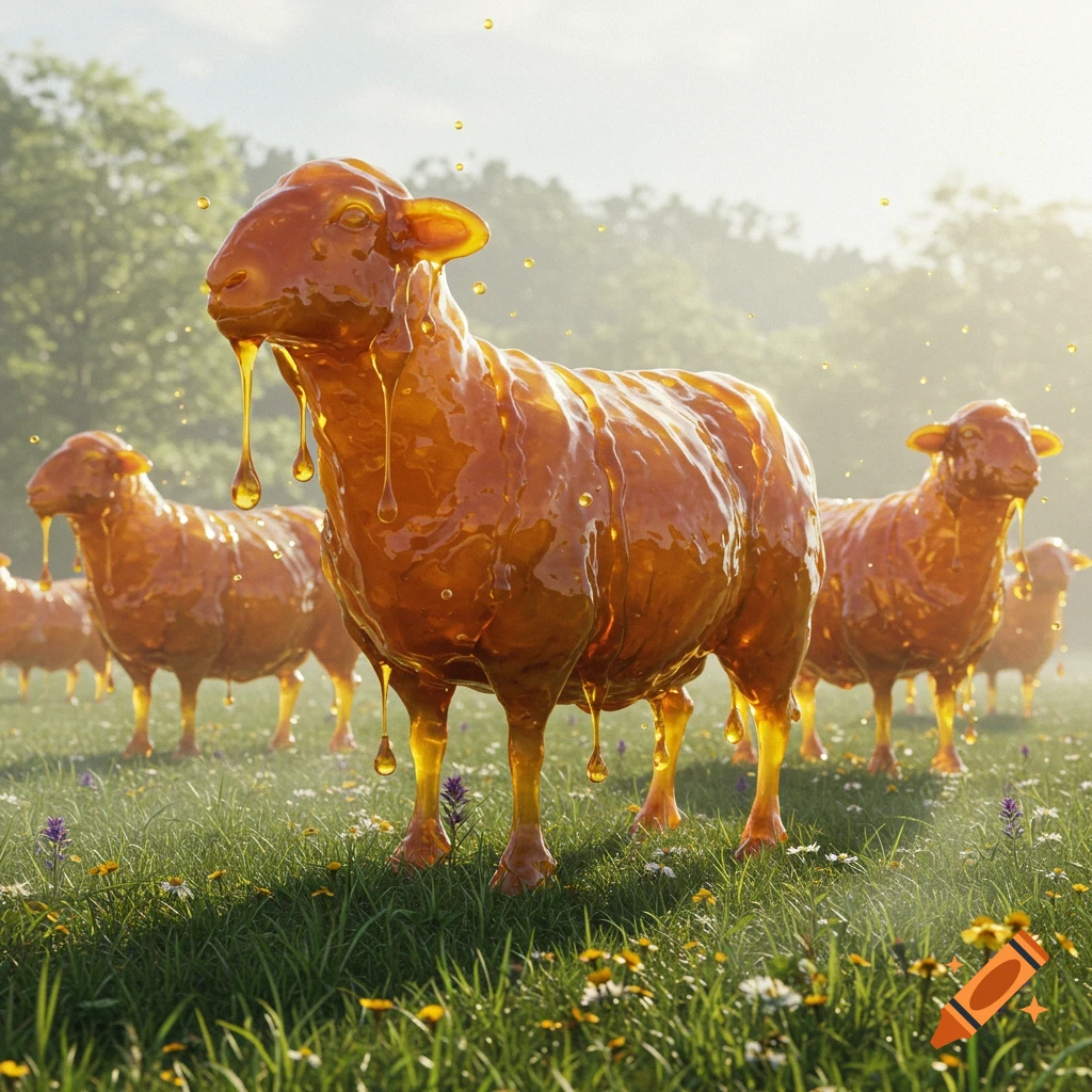 A group of sheep covered in golden syrup stand in a lush green field with wildflowers under a bright sky.