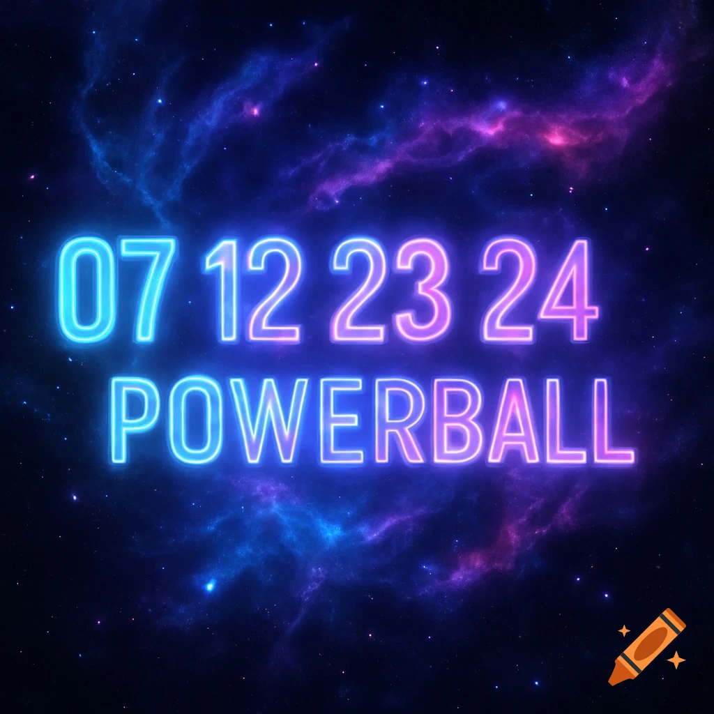 Neon numbers 07 12 23 24 and the word POWERBALL against a blue and pink cosmic background.
