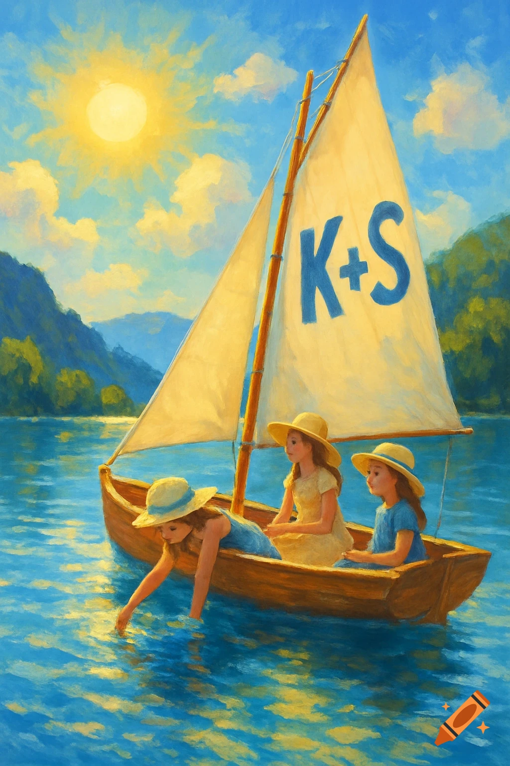 Three girls in hats sail on a sunny lake, one dipping a hand in the water. Mountains in the background, painterly style.