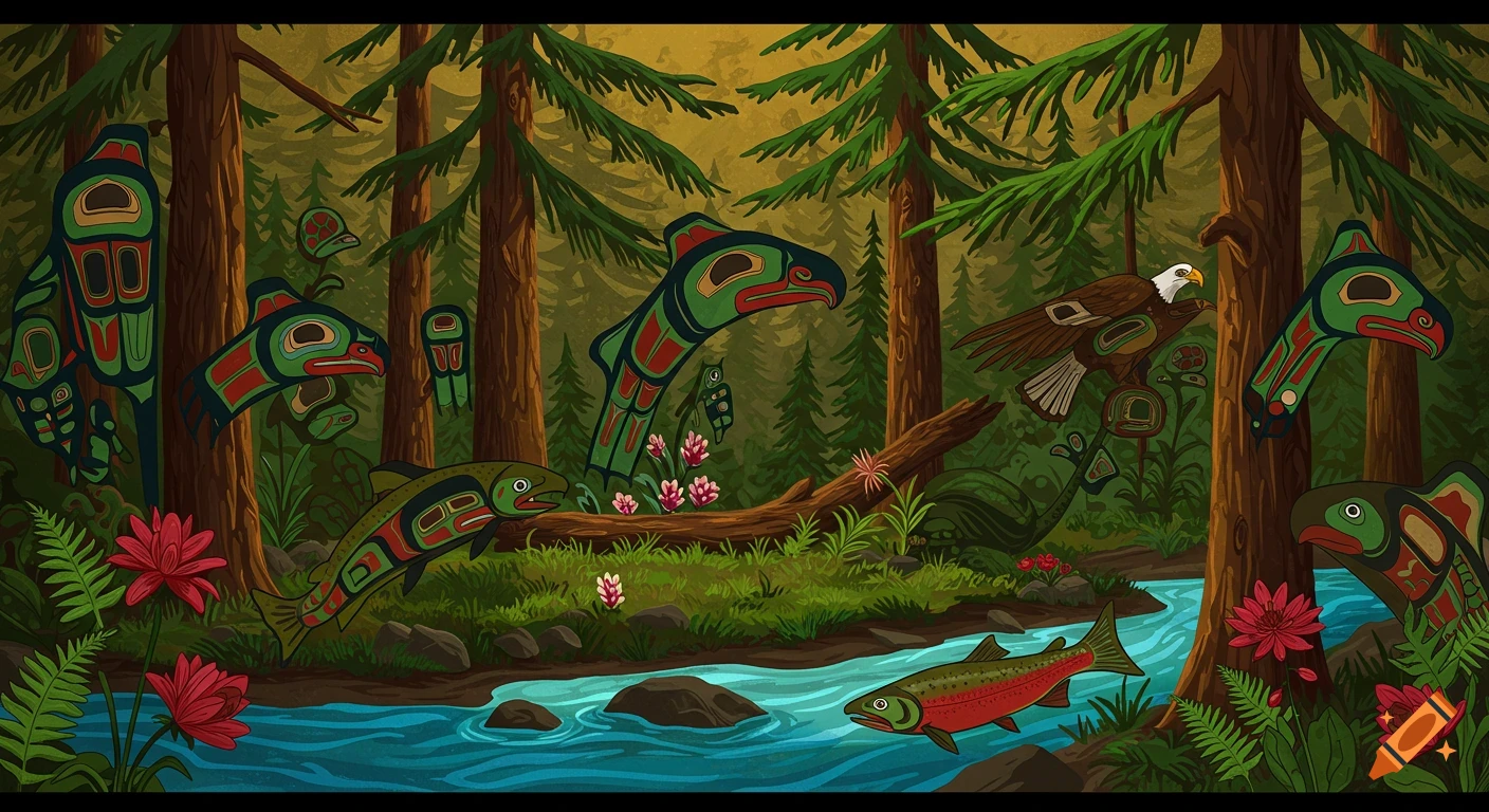 A vibrant illustration in Native Salish art style, depicting a forest river with stylized trees, an eagle, and salmon.