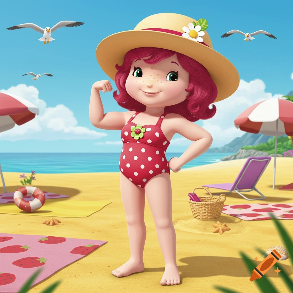 A cartoon character with red hair, resembling Strawberry Shortcake, wears a red polka-dot swimsuit and a straw hat while flexing her bicep at a sunny beach.