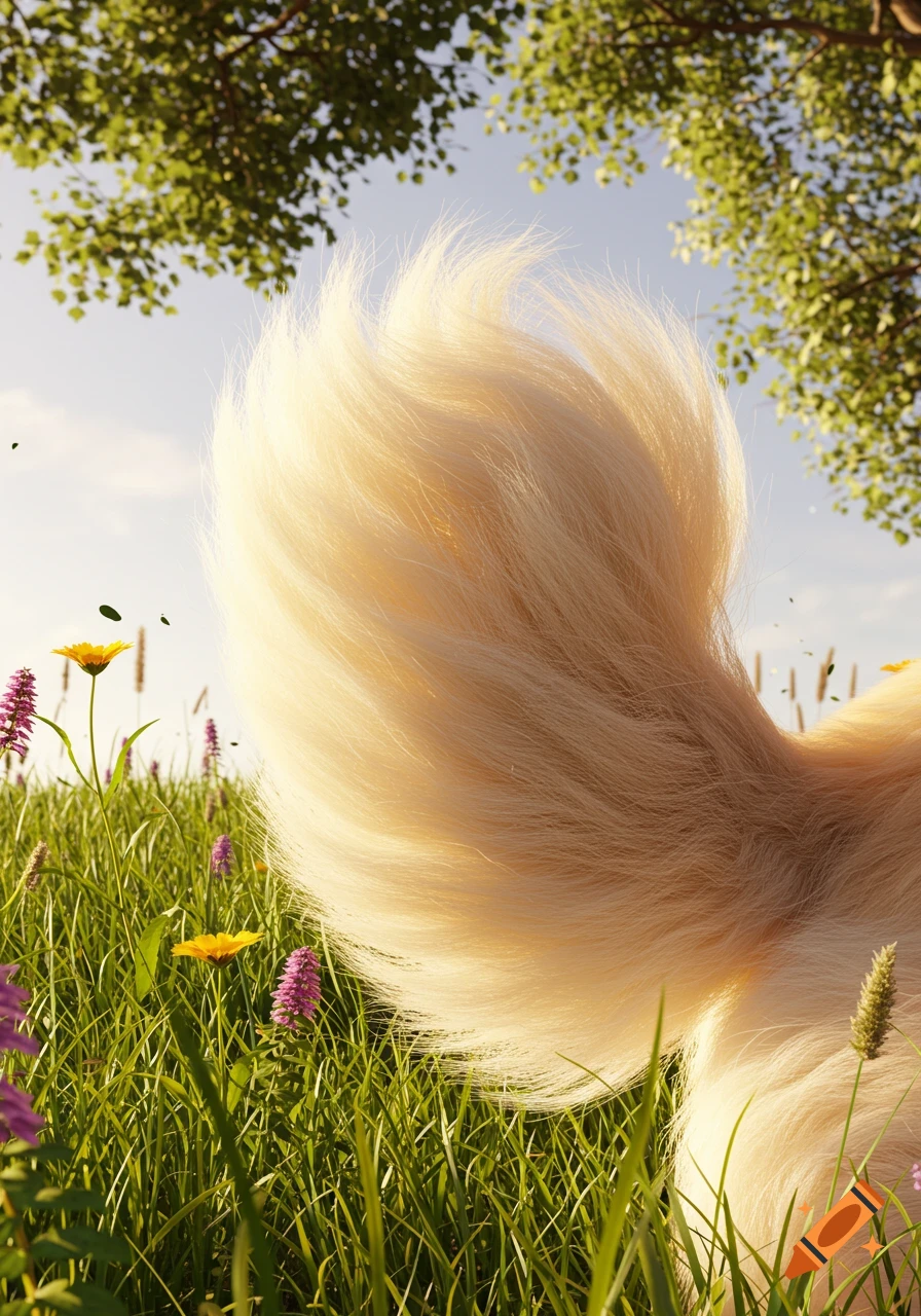 Close-up of a fluffy golden dog's tail in a sunny green field with wildflowers and trees.