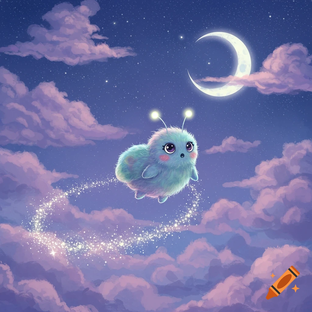 A cute, fluffy blue creature with glowing antennae flies through a starry night sky with purple clouds and a crescent moon.