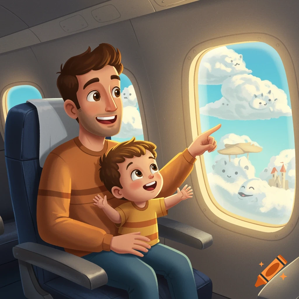 A cartoon father and son happily look out an airplane window at the sky filled with whimsical cloud characters and a castle.