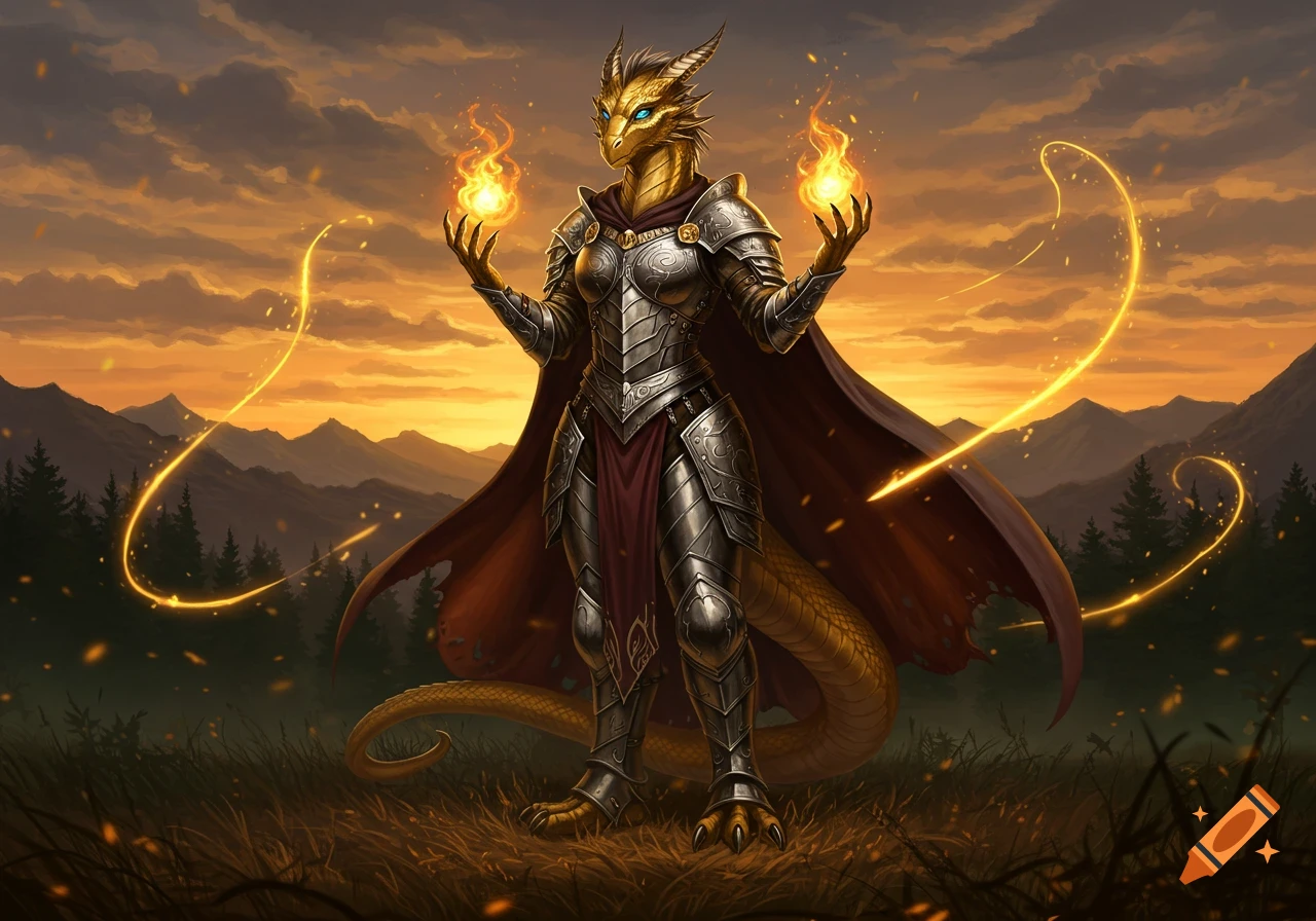 A golden dragonborn sorcerer in silver armor and a red cape casts fire spells, standing in a field at sunset.