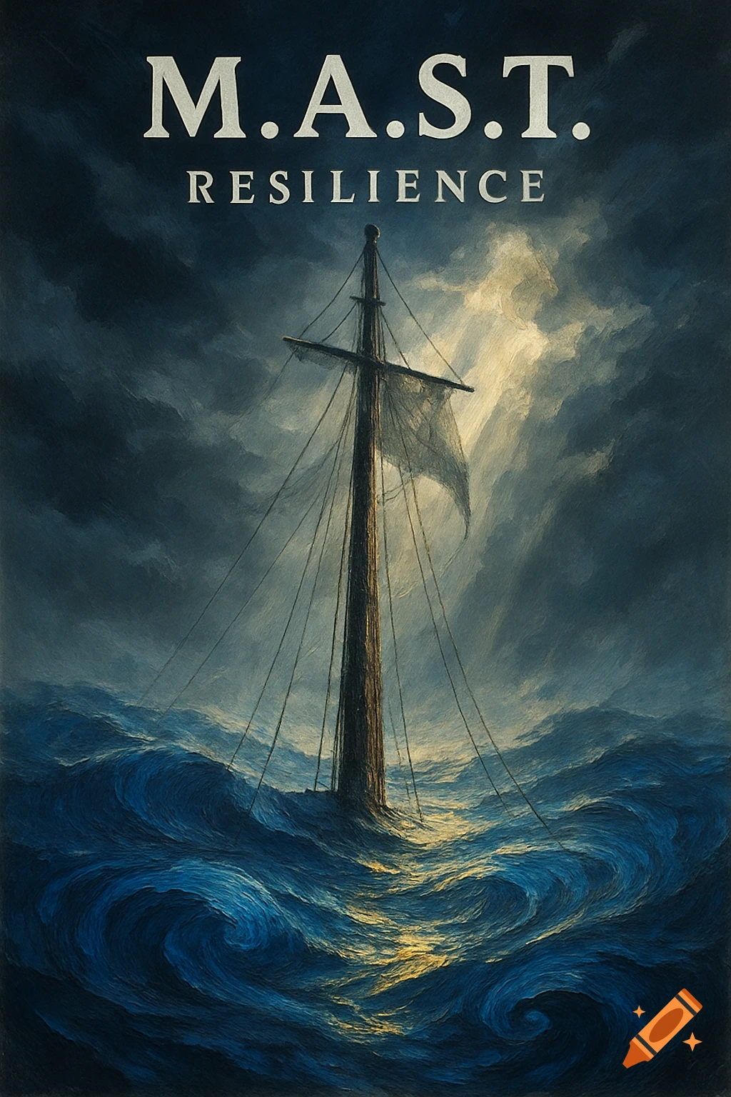 A lone ship's mast stands resilient in a stormy, dark blue sea under a dramatic, cloudy sky with light breaking through. Text 'M.A.S.T. RESILIENCE' appears at the top.