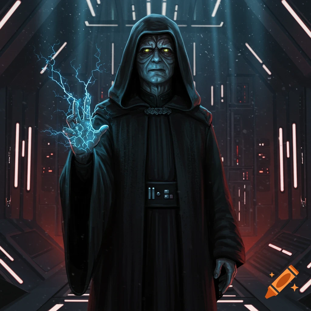 Emperor Palpatine in a dark robe, with glowing yellow eyes, casts blue Force lightning in a futuristic setting.
