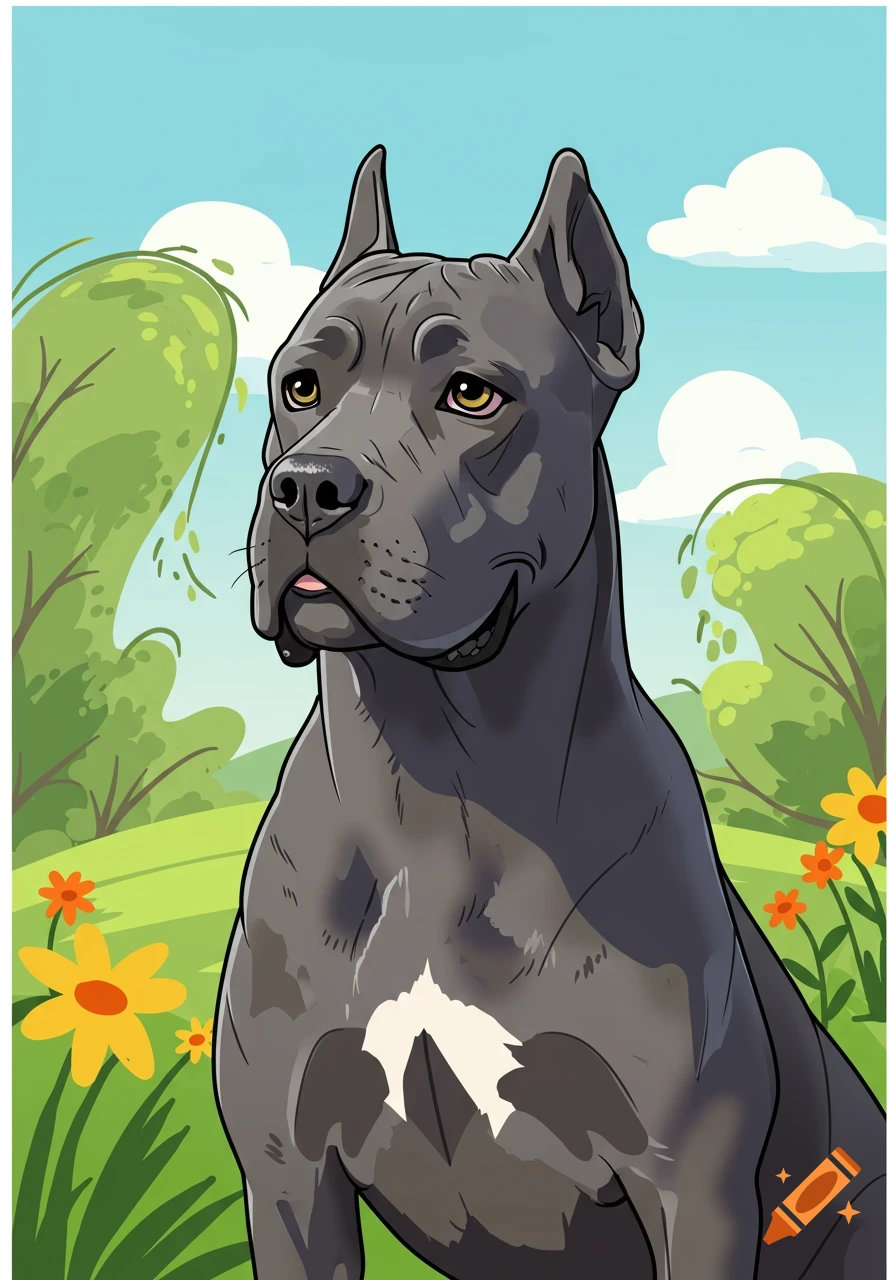 A cartoon illustration of a gray Cane Corso dog with cropped ears, looking left in a vibrant green park with flowers and trees under a blue sky.
