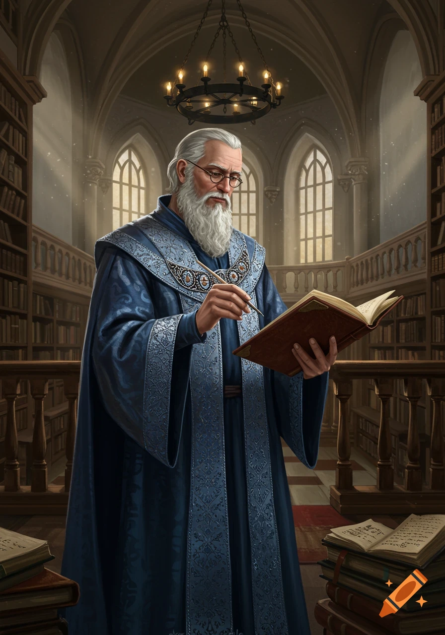 A wise old man with a white beard and glasses, wearing a blue robe, writes in a large book with a quill in a grand library.