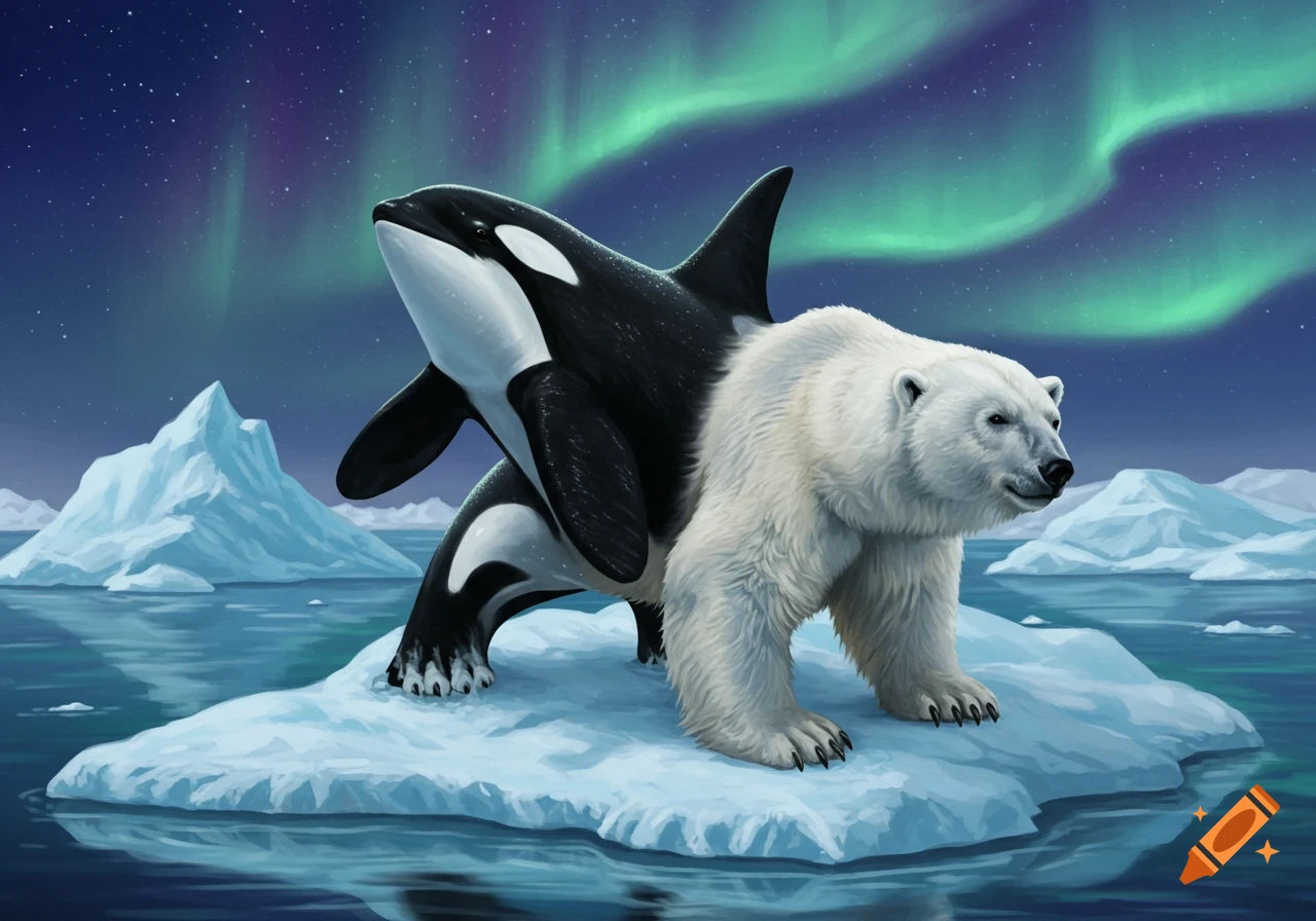 An orca and polar bear hybrid stands on an iceberg in the ocean under a starry night sky with green and purple aurora borealis.