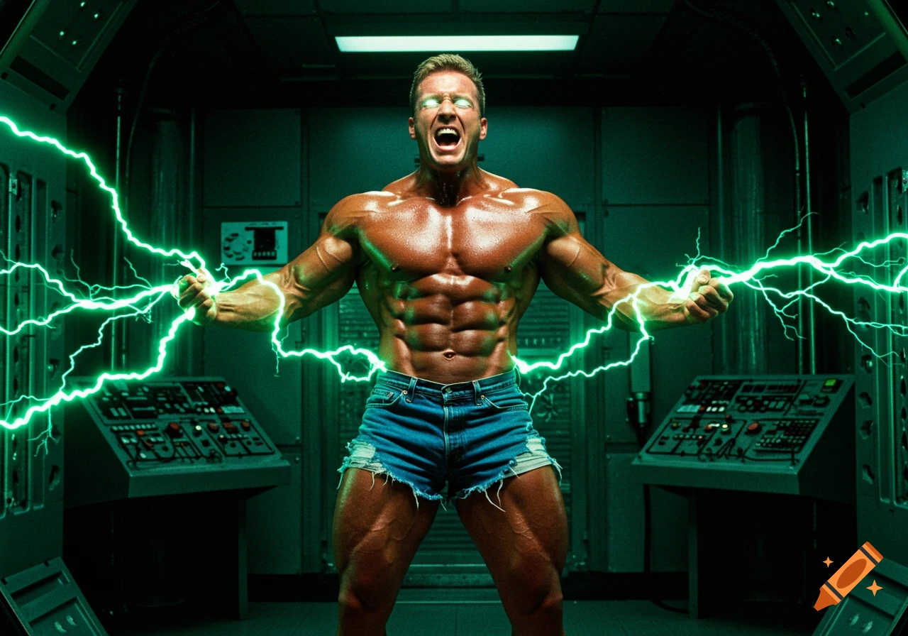 A muscular bodybuilder in a dark, futuristic chamber screams as green electricity emits from his hands and his eyes glow.