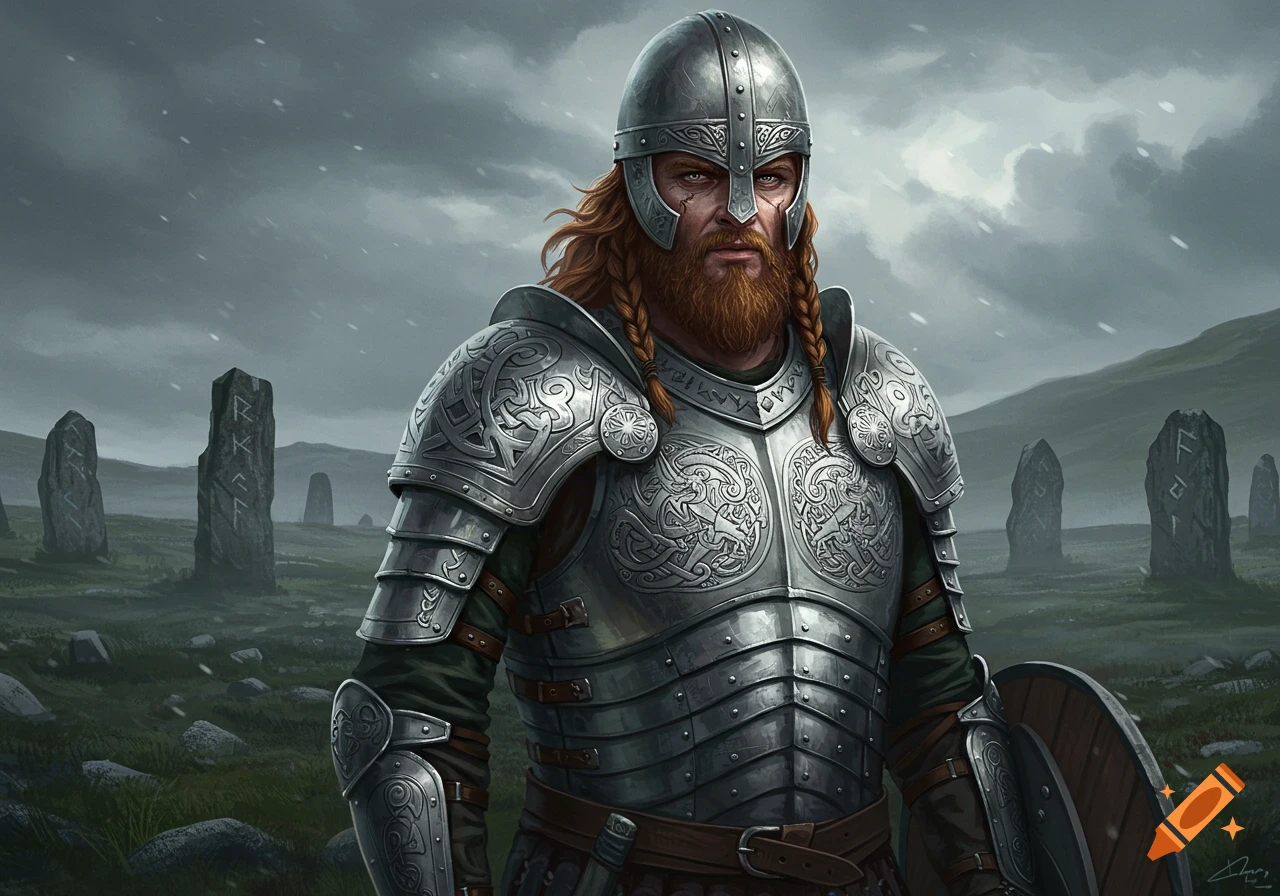 Red-haired warrior in ornate armor and helmet, with a shield, stands in a field of runic stones under a cloudy, snowy sky.