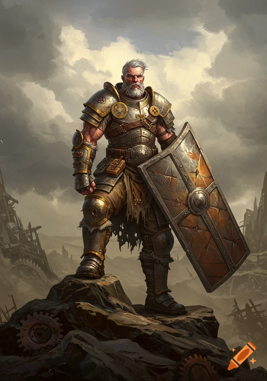 A bearded male warrior in detailed, weathered armor stands on rocks, holding a large shield against a stormy sky and ruined landscape.