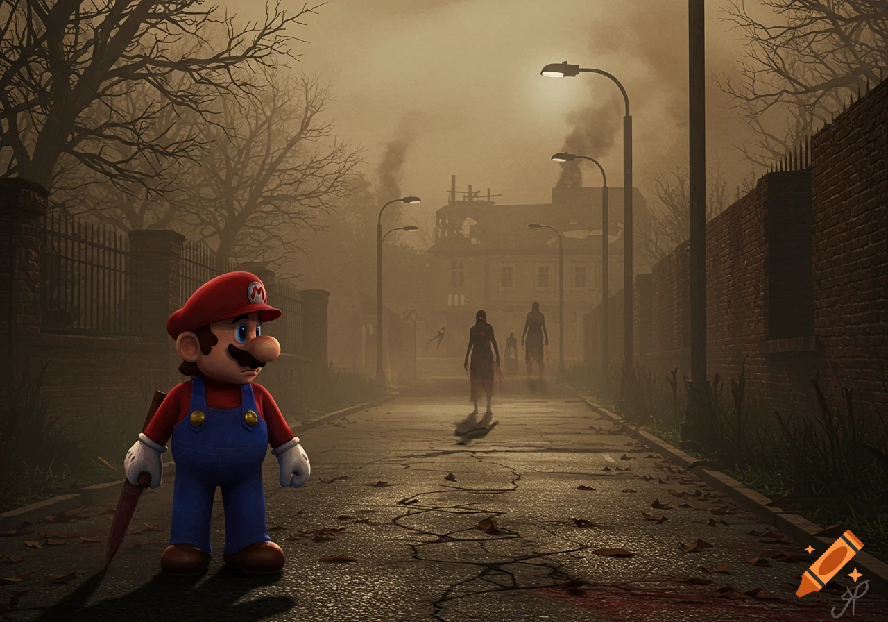 Mario stands on a cracked, leaf-strewn street in a foggy, desolate town, holding a bloody knife as shadowy figures approach in the distance.