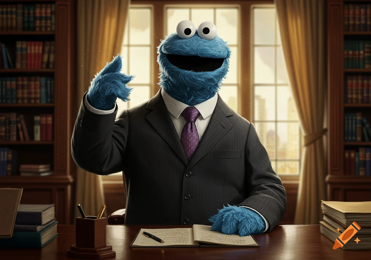 Cookie Monster, dressed in a business suit, sits at a desk in a library office, raising a furry blue hand.