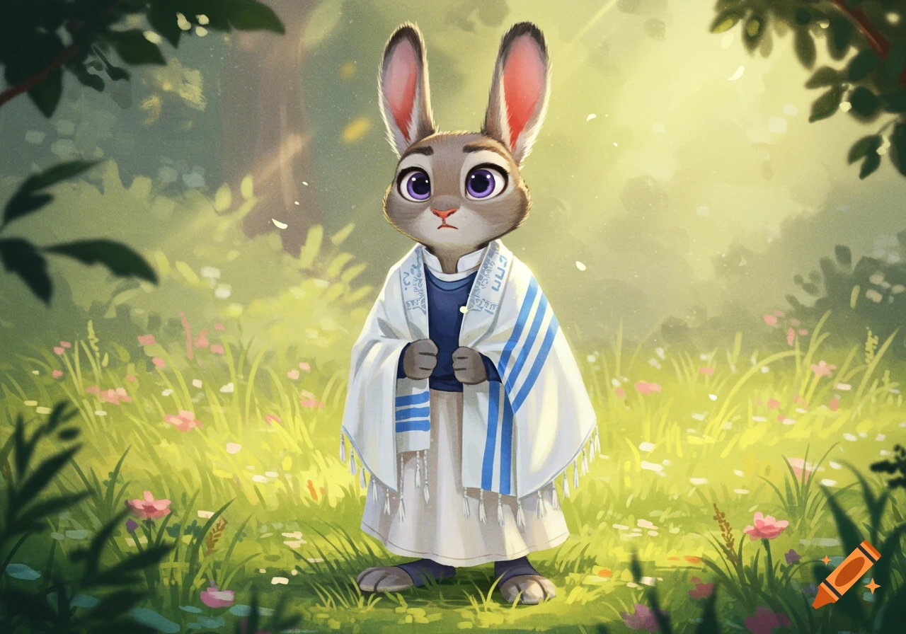 Judy Hopps, an anthropomorphic rabbit, wears a Jewish tallit and white robes in a sunlit grassy field.