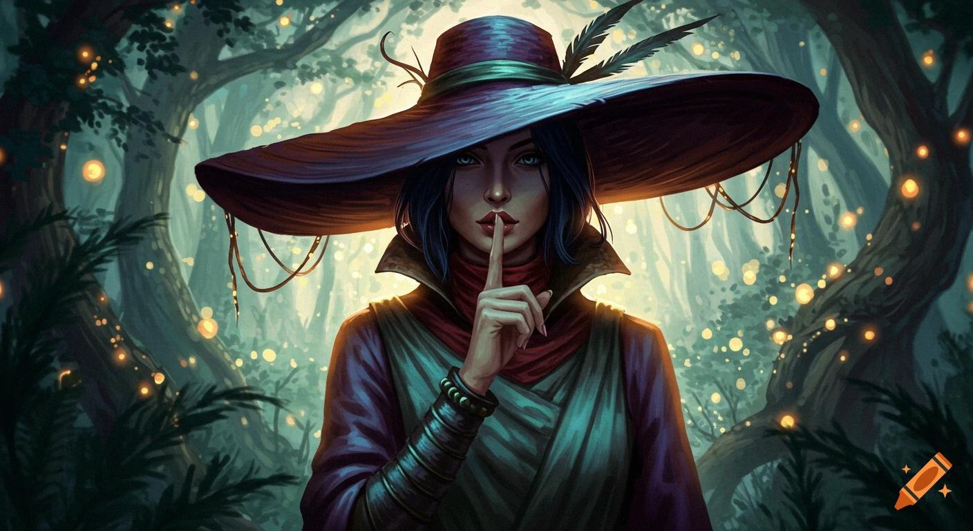 Mysterious woman with a wide-brimmed hat holding a finger to her lips in a magical, glowing fantasy forest, cinematic art style.