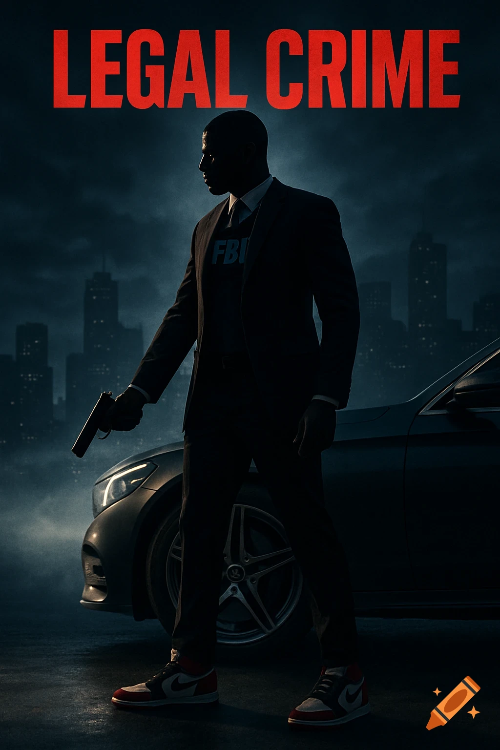 Cinematic poster for 'Legal Crime' featuring a silhouetted man in a suit with 'FBI' on his shirt, holding a gun next to a luxury car in a dark city.
