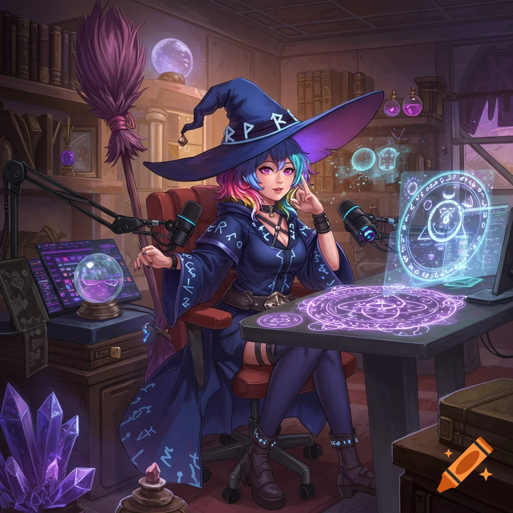 Anime witch with rainbow hair in a dark blue robe and hat, sitting at a desk with microphones, a magic circle, and a glowing computer screen.