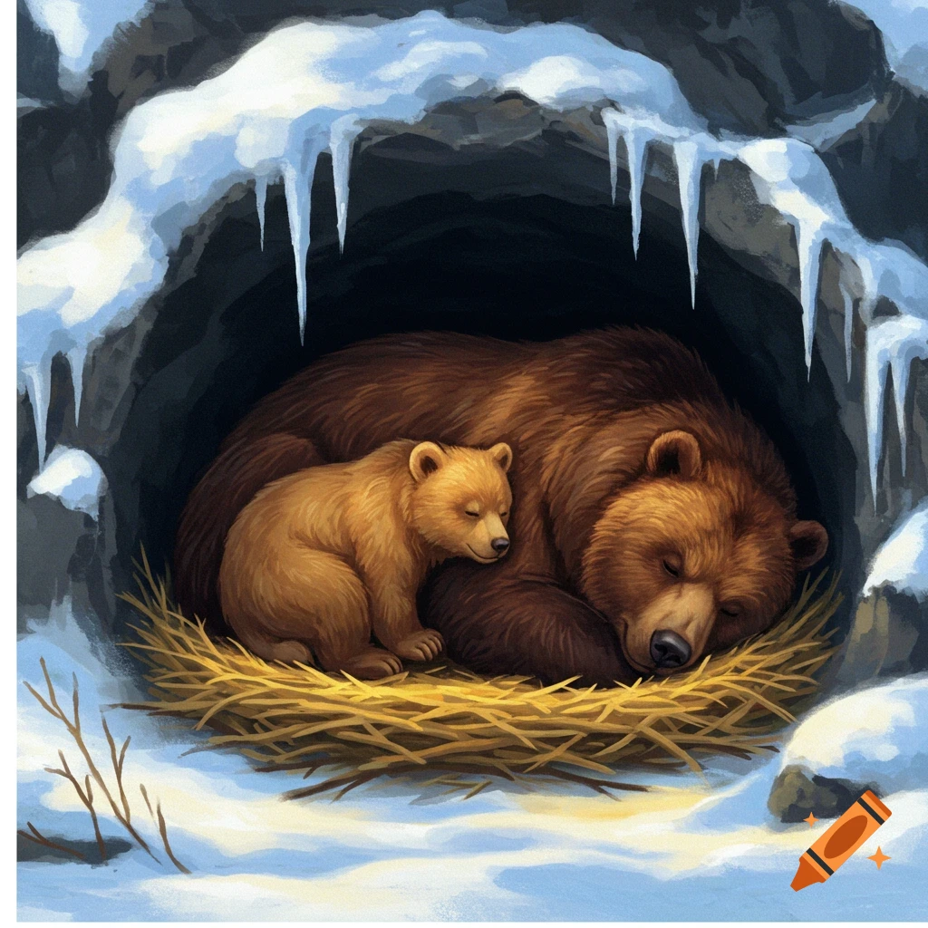 A large brown bear and a small cub sleep on a hay bed inside a snow-covered cave with icicles, in a painterly illustration.