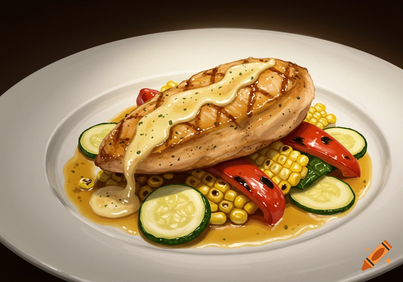 A grilled chicken breast with creamy sauce, roasted corn, red bell peppers, and zucchini slices on a white plate, in an illustrative style.