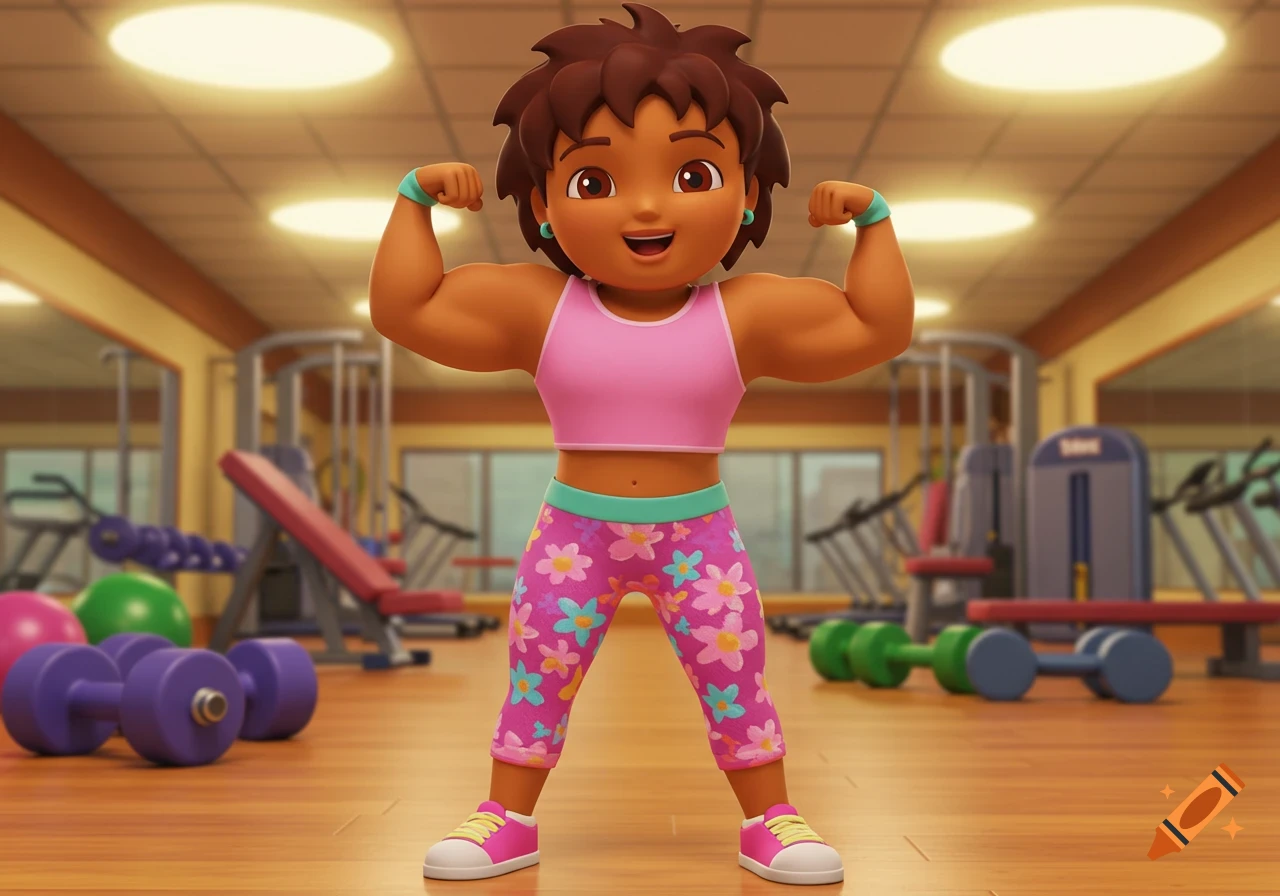 A 3D animated cartoon woman with dark hair, wearing a pink crop top and floral capris, flexes her biceps in a gym.