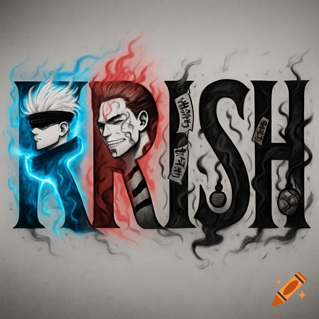 Stylized text spelling "KRISH" with letters formed by Gojo Satoru and Sukuna characters and cursed energy from Jujutsu Kaisen, set against a grey background.