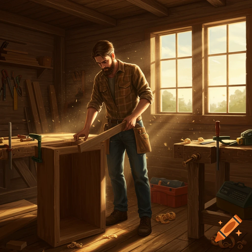 A man with a beard is building a wooden cabinet in a sunlit workshop, with wood shavings on the floor.