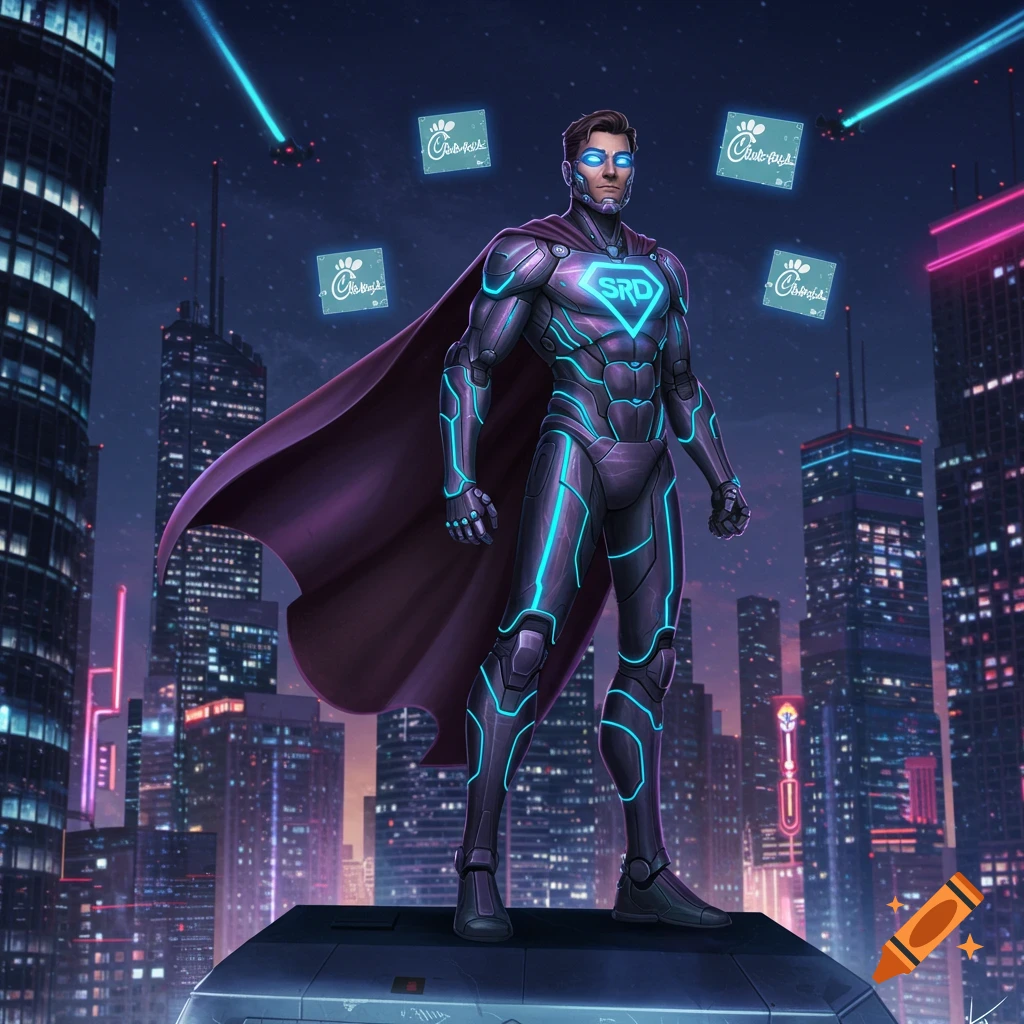 Futuristic superhero in a glowing blue and purple suit and cape stands in a neon-lit city at night, with Chick-fil-A logos floating.