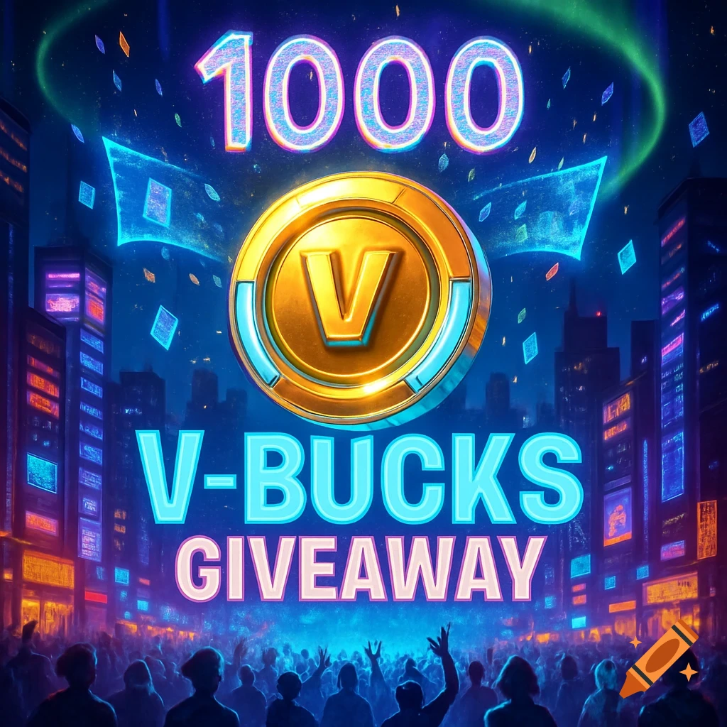 Vibrant digital art announcing a 1000 V-Bucks Giveaway with a golden V-Bucks coin over a neon futuristic city and a crowd.
