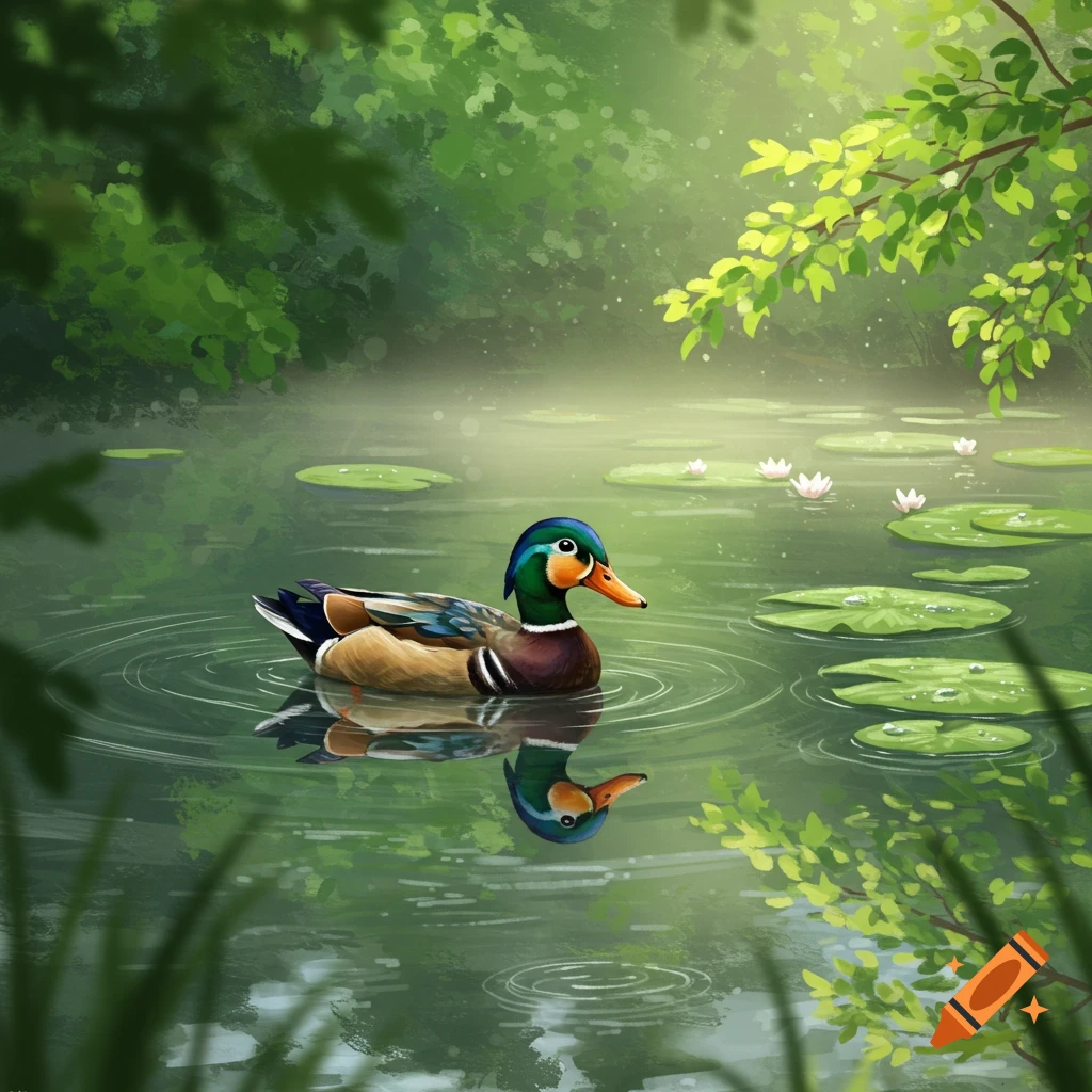 A vibrant illustration of a mallard duck swimming in a serene pond with lily pads and lush green foliage.