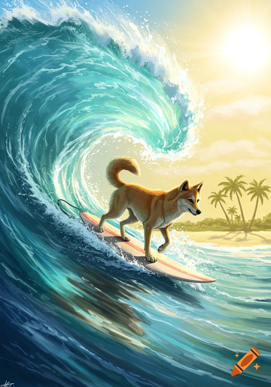 An illustrated dingo surfing a large blue wave, with a sunny sky and palm trees on a beach in the background.