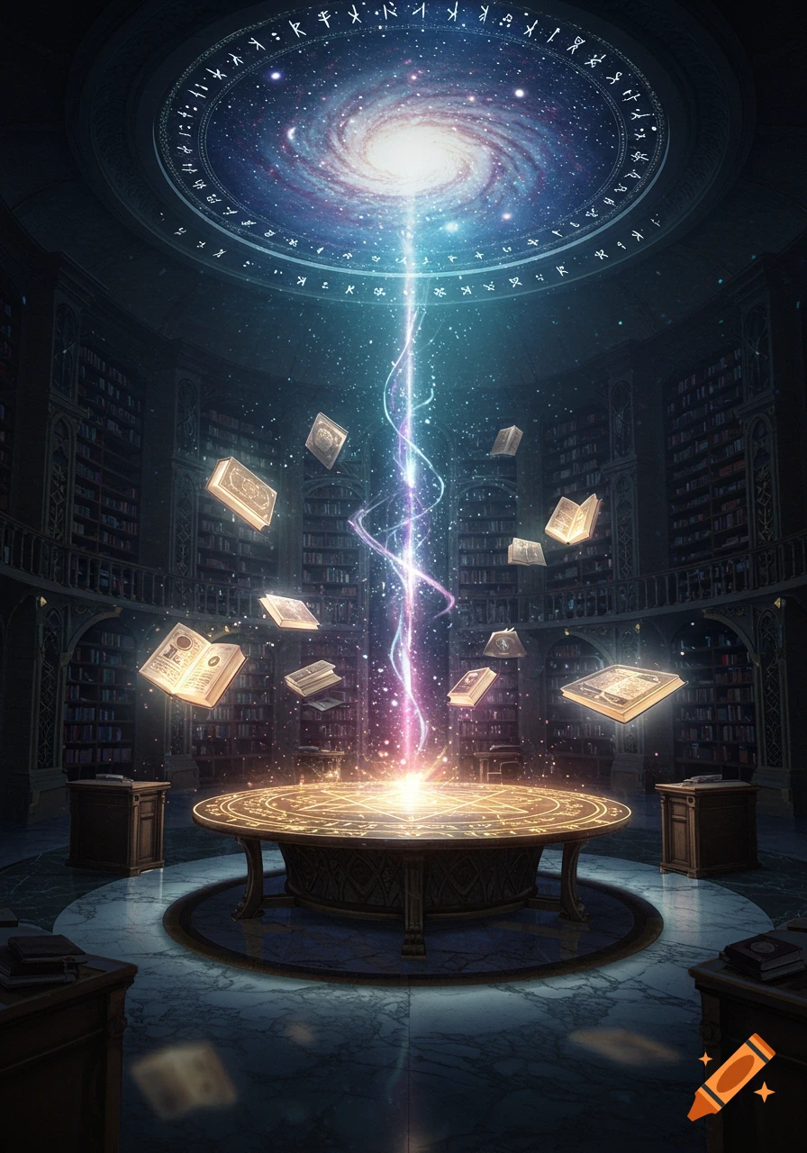 Vast magical library with glowing spellbooks floating around a rune-engraved table, under a galaxy ceiling with energy beams.