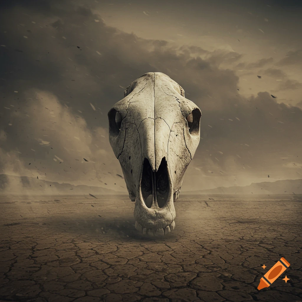 A photorealistic image of a horse skull facing forward on cracked, dry earth under a stormy, cloudy sky.