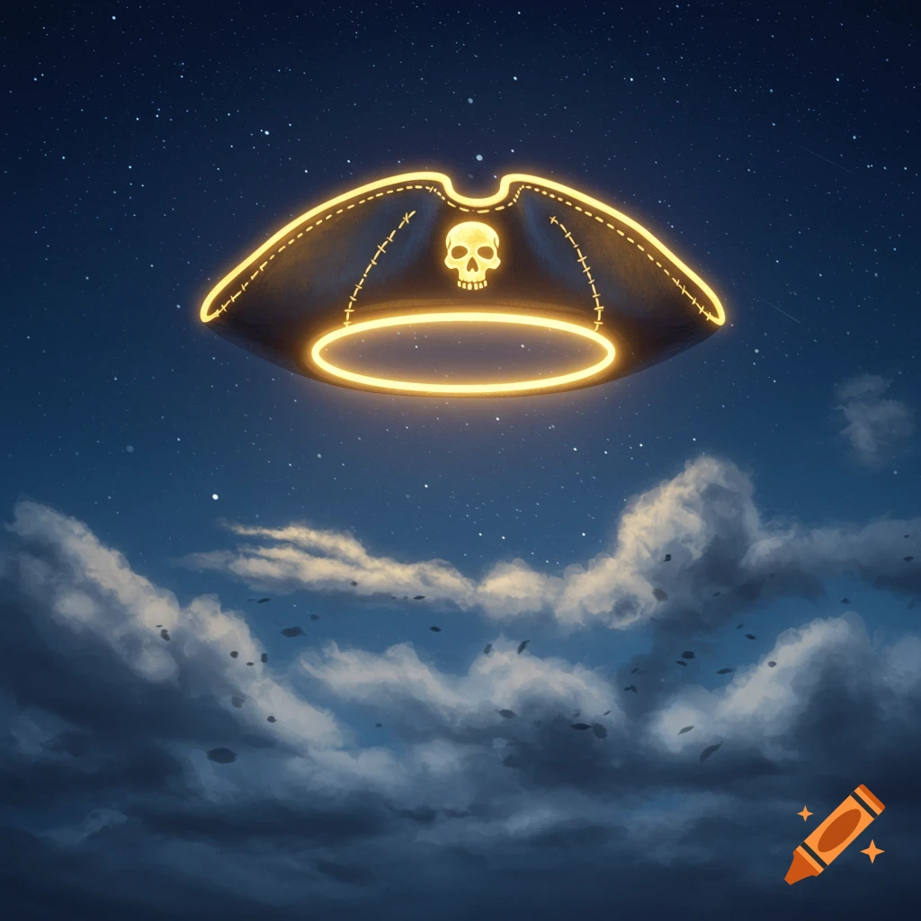 A neon glowing pirate hat with a skull emblem floats in a dark starry night sky above soft clouds.