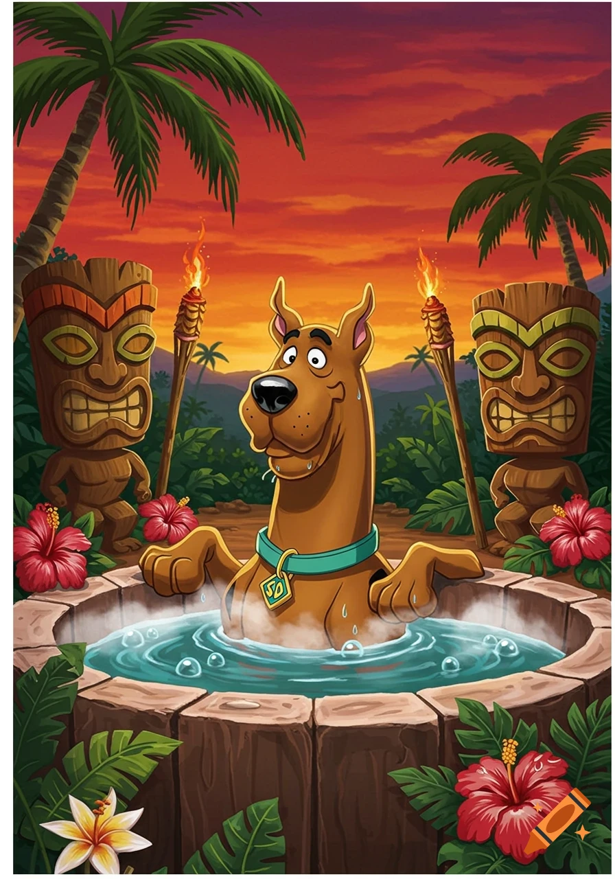 Scooby-Doo relaxing in a hot tub, flanked by tiki statues under a tropical sunset with palm trees, in a cartoon style.